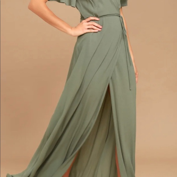 Lulus Much Obliged Washed Olive Green Wrap Maxi Dress in size Small - Picture 2 of 4